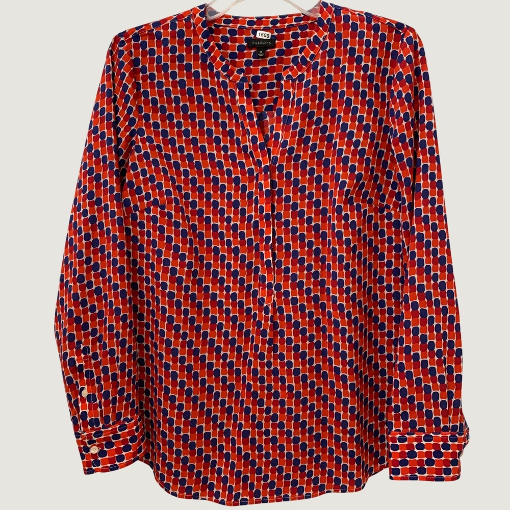 Talbots Blouse Women's M Red Navy Blue Geometric Dot Split Neck Long Sleeve Top